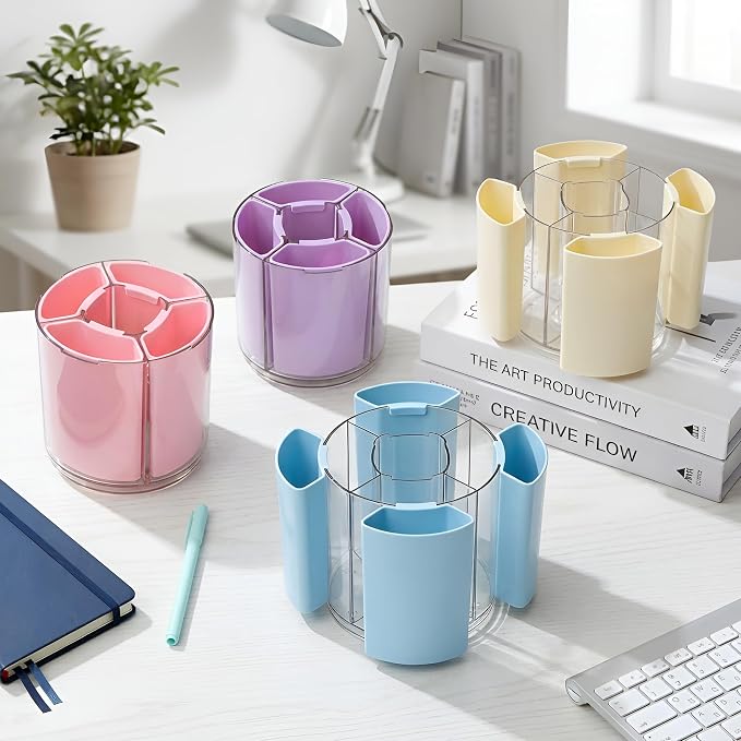 Comix 360° Rotating Pen Holder for Desk, Cute Pencil Holder Pen Organizer, Blue Acrylic Pencil Cup Caddy with 5 Slots for Home School Office Supplies