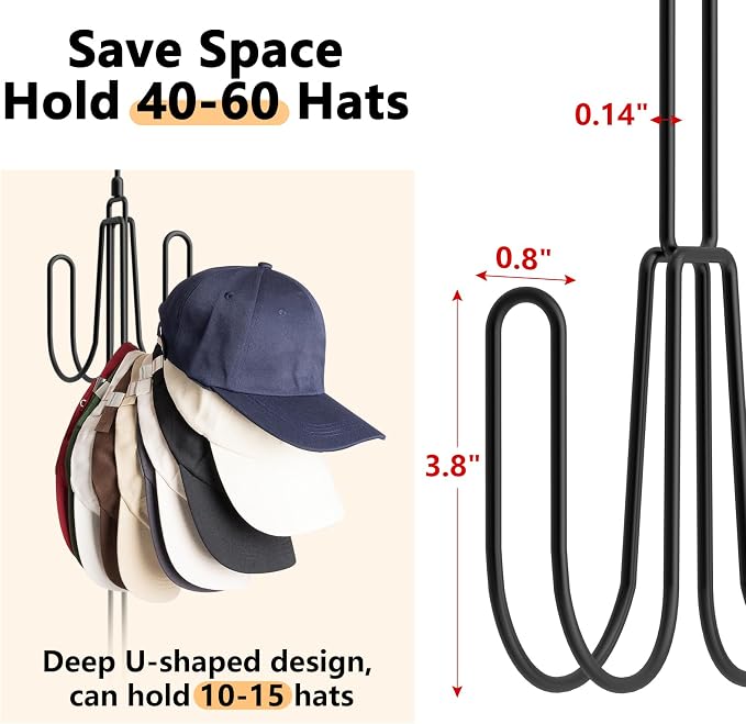 NANATI Hat Hangers for Closet, Stainless Steel Hat Organizer, Hat Racks for Baseball Caps, Cap Organizer for Baseball Caps, 2 Pack