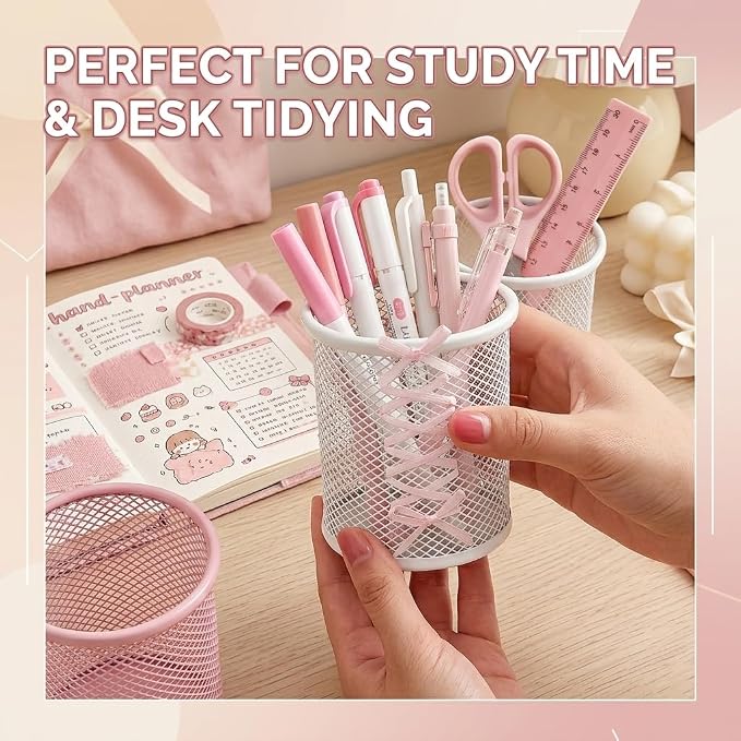 Pen Holder for Desk - Cute Ribbon Bow Wire Mesh Pencil Cup, Lace-up Desktop Organizer for Girls & Teens, Decorative Stationery Storage for Home Office (White)