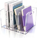 Clear Acrylic Magazine File Holder, 4 Compartment Desk Organizer | 4 spacious vertical compartments hold magazines, files, books & more. Clear acrylic, non-slip base. No assembly, portable.