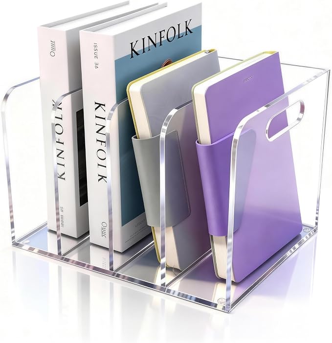 Clear Acrylic Magazine File Holder, 4 Compartment Desk Organizer | 4 spacious vertical compartments hold magazines, files, books & more. Clear acrylic, non-slip base. No assembly, portable.