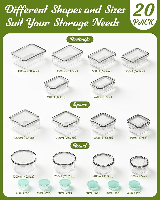 40 Piece Food Storage Containers with Lids(20 Containers & 20 Lids), BPA-Free Plastic Food Containers for Kitchen Storage and Organization, Leak Proof Meal Prep Container, Includes Labels & Pen