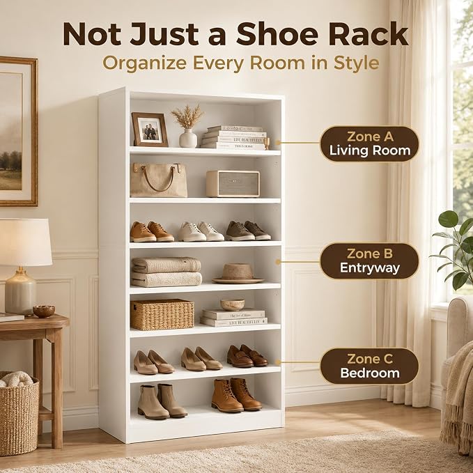 Homieasy 9-Tier Tall Shoe Rack Cabinet for Closet & Entryway, White | Wooden Narrow Shoe Organizer Cabinet with Adjustable Shelves, Freestanding, for Bedroom, Hallway