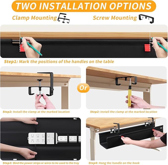Under Desk Cable Management Tray with Clamp, No Drill 48" Cord Organizer for Desk, Desk Cable Management Fabric Tray for Standing Desks, Ideal for Home & Office - Black