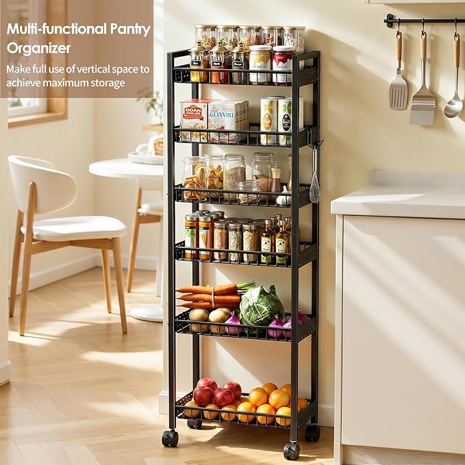 6 Tier Slim Storage Cart, Narrow Rolling Cart with Wheels, 6in(W) | Narrow Mobile Utility Shelf Unit Organizer for Kitchen, Bathroom, Laundry Room, Living Room, Small Places, Black