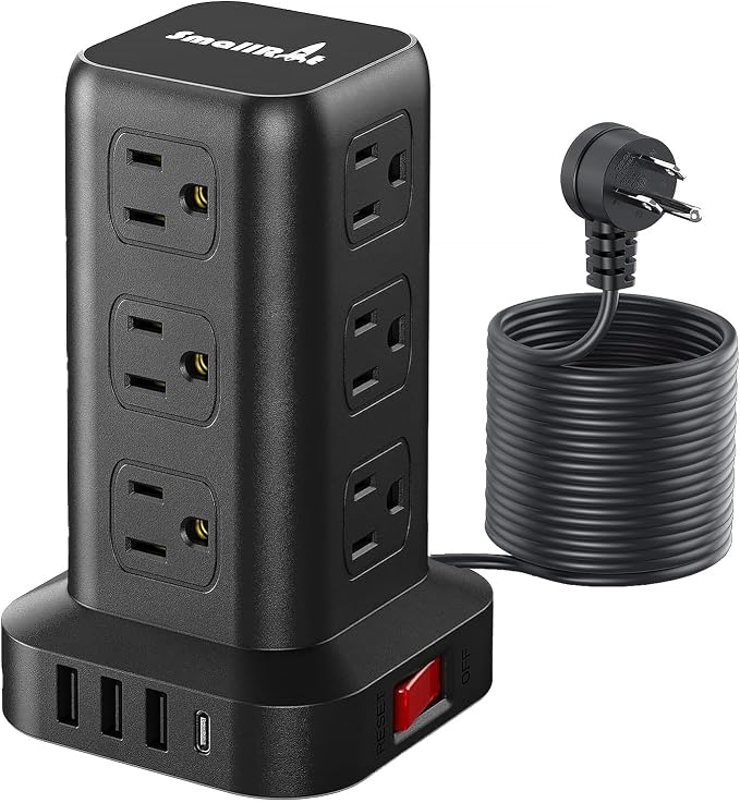 Extension Cord with Multiple Outlets, SMALLRT Surge Protector Tower, 15 FT Power Strip with USB Ports, 12 AC Outlets, Outlet Extender for Home Dorm Room Essentials, Office Supplies,Overload Protection