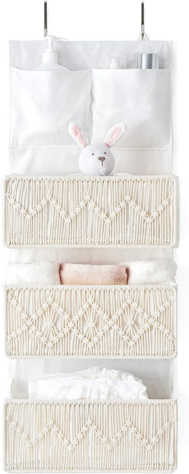 Mkono Macrame Over The Door Organizer Boho Decor Hanging Nursery Storage with 3 Large Woven Pockets, Back of Door Organizer for Bedroom Bathroom Closet Pantry Dorm, Ivory, Gifts for Mother, Girls