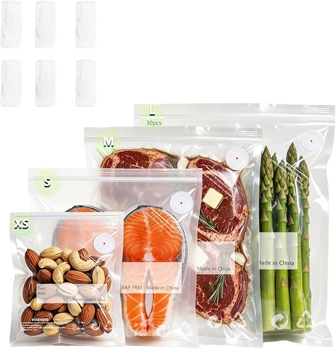 Reusable Vacuum Sealer Bags for Food – 30 Pack 11.8 * 13.4 Inches, Leak-Proof & BPA-Free, Includes 6 Free Bag Clips, Ideal for Food Storage, Freezer & Handheld Vacuum Sealer | Leak-Proof