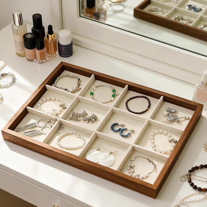 Large Jewelry Trays for Drawers Stackable Velvet Jewelry Display for Vendors Jewelry Drawer Organizer Inserts for Rings Necklace Bracelets Earrings and Studs Earrings (Beige, 12 Grid)