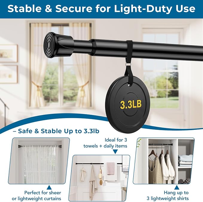 AIZESI Spring Tension Curtain Rods Short Tension Rod (Black,28" to 48"-1Pcs)