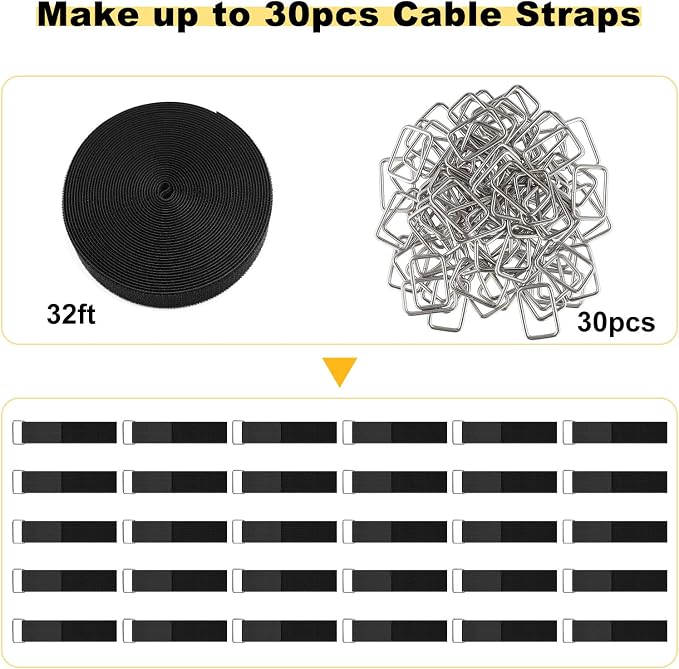 YMCRLUX 1.5"x32ft Hook and Loop Straps with 30 Metal Buckles, Adjustable Fastening Cable Straps, Cut-to-Length Cinch Strap, Reusable Nylon Securing Cord Ties for Organizer or Storage, Black