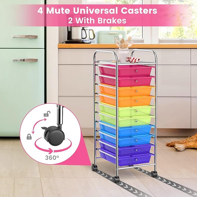 LDAILY 10-Drawer Rolling Storage Cart, Rolling Storage Cart, Storage Organizer on Wheels, Metal Frame, Scrapbook Paper Tools, Suitable for Office School, Classroom (Rainbow, 10 Drawer)