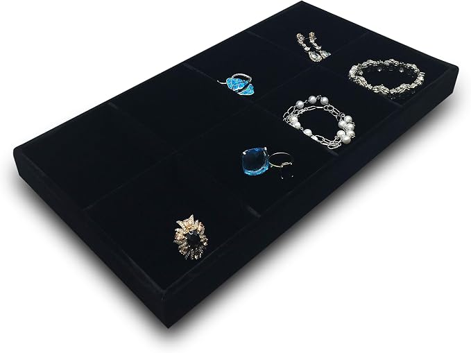 The Display Guys - Stackable Jewelry Tray and Organizer - for Drawers, Dressers, Store Display (8 Compartments, Black Velvet)