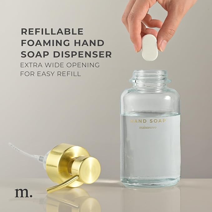 MaisoNovo Glass Foaming Hand Soap Dispenser 14 Oz | Gold Foaming Soap Dispenser Clear Bottle Gold Pump x 1 w/Labels