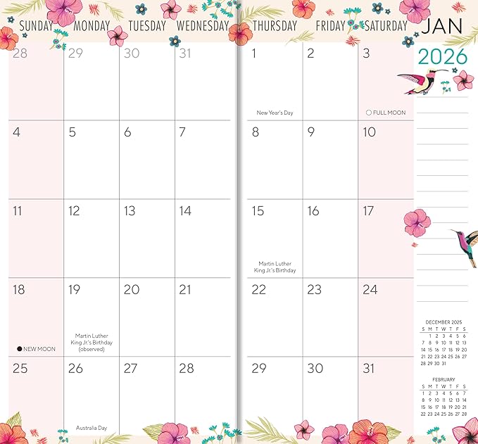 2026 Pocket Calendar Planner, 2-Year Monthly Calendar Book (24-Month): January 2026 – December 2027, Purse Size 6.5" x 3.5", Hummingbird Flowers