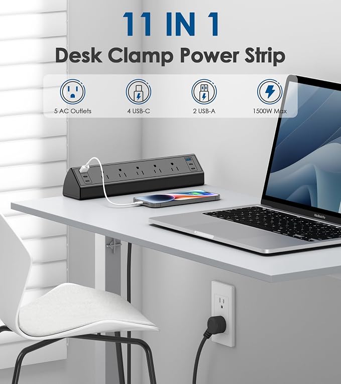 Jgstkcity Desk Clamp Power Strip USB C,40W Total Fast Charging Station,4 PD 20W USB C Ports,Desk Edge Mount Surge Protector,5 Outlets,Fit 1.96" Tabletop Edge,ETL Listed | 1200J,Total 40W Charging Hub,5 Outlets & 6 USB, 6FT Extension Cord, Fits 1.96" De...