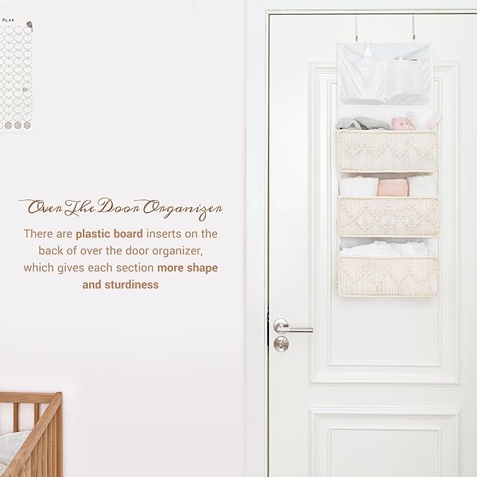 Mkono Macrame Over The Door Organizer Boho Decor Hanging Nursery Storage with 3 Large Woven Pockets, Back of Door Organizer for Bedroom Bathroom Closet Pantry Dorm, Ivory, Gifts for Mother, Girls