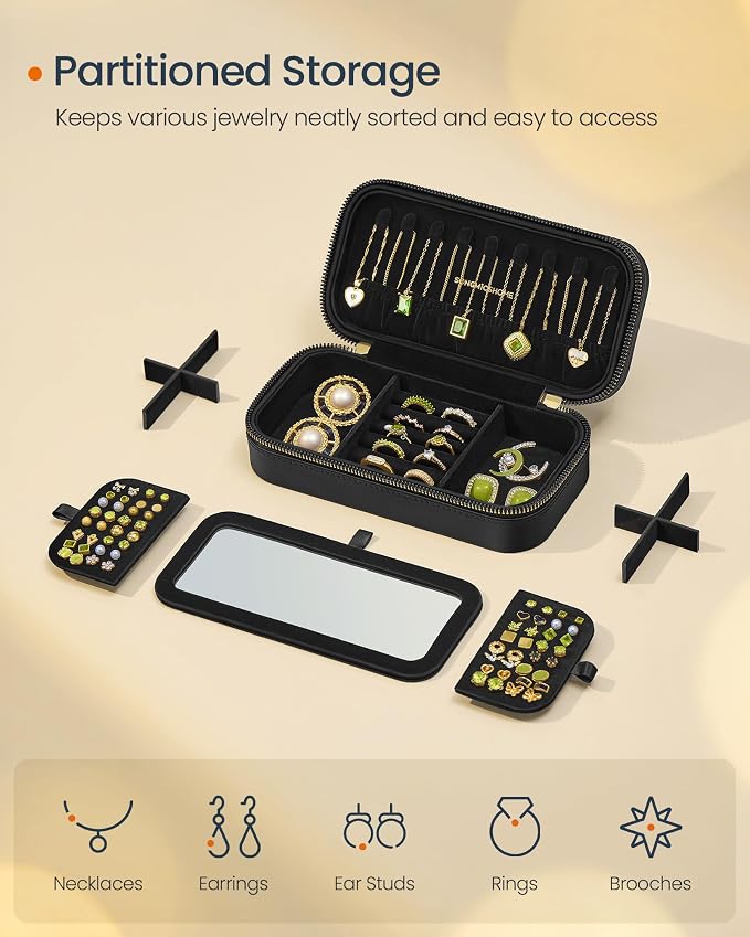 SONGMICS HOME Travel Jewelry Case with Mirror, Stitching, Portable | Jewelry box organizer, 4.1 x 8 x 2.4 Inches, Gift Idea, Ink Black, UJBC180B01