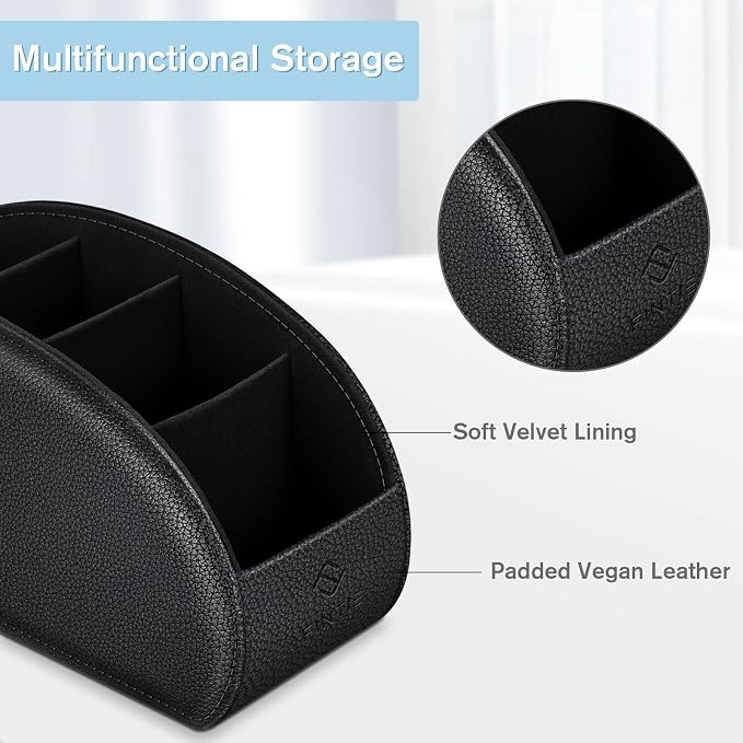 FINTIE Remote Control Holder, 5 Compartments Vegan Leather TV Remoter Caddy Desktop Organizer Makeup Brush Holder Storage Fits TV Remotes, Media Controllers, Office Supplies(Black)