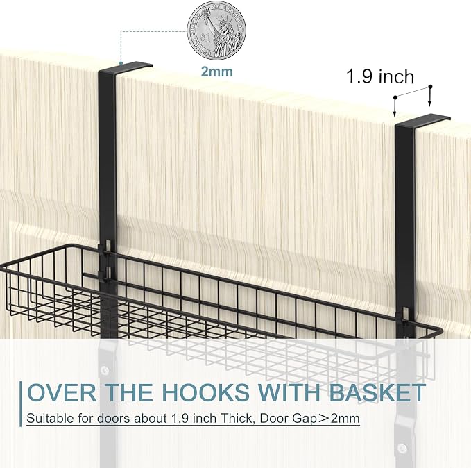 ETELI Over the Door Pantry Organizer 3 Tier Hanging Basket Back Door Storage Rack Shelf Metal Over the Door Shelves with 3 Baskets and 5 Hooks for Bathroom Kitchen Pantry Bedroom, Black