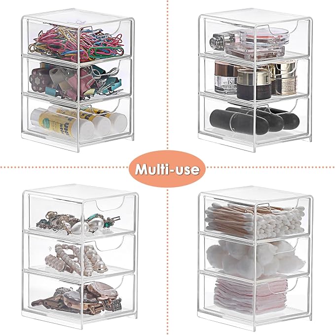 BTSKY 2 Pack Small Acrylic Storage Organizer with Drawers, 3-Layer Clear Desktop Organizer for Office Supplies Mini Storage Box with Drawers for Desk, Desktop Makeup Drawer Jewelry Storage Box