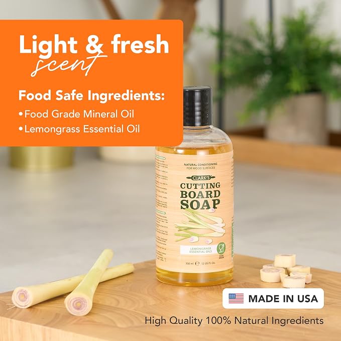 CLARK'S Cutting Board Cleaner, 12 oz - Lemongrass Scent - Food Safe | Cutting Board Soap for Butcher Blocks, Wooden Kitchen Utensils - Use Before Food Grade Mineral Oil