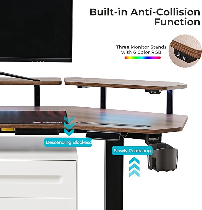 EUREKA ERGONOMIC Standing Gaming Desk with Dual Motor,63" Wing Shaped Computer Desk w Mouse Pad, Electric Adjustable Height Table w LED Monitor Stands,Slot Design,Walnut