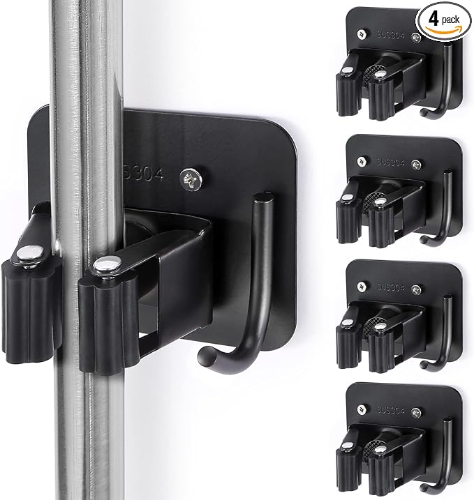 Stainless Steel Broom Holder, Heavy Duty, Rust Resistant, 4 Gripper Positions with 4 Hooks, Black