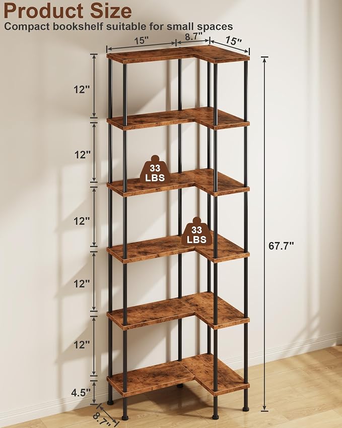 HIGDBFE 6-Tier L-Shaped Corner Bookshelf, 67" Tall Modern Corner Shelf | L-Shape Corner Fits Living Room, Bedroom, or Home Office Corners, Open Shelves, Display Rack for Books, Plants, and More