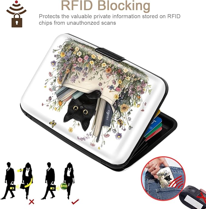 Coco Rossi Credit Card Holder RFID Aluminum Small Mini Wallet Women | Metal Wallet, Business Cards Holder, ID Case, Slim Sleeves, Womens Girls Gift, Carry Proof Wallets for Travel, Cat & Books