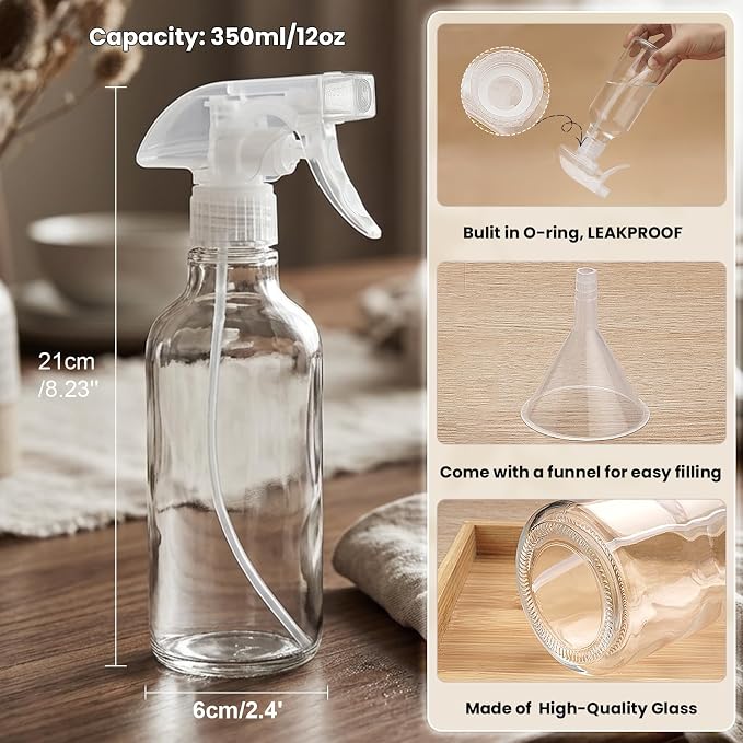 12oz Clear Glass Spray Bottle 1 Pack, Adjustable Mist Stream | Refillable glass spray containers for hair care, plant maintenance, cleaning & essential oils