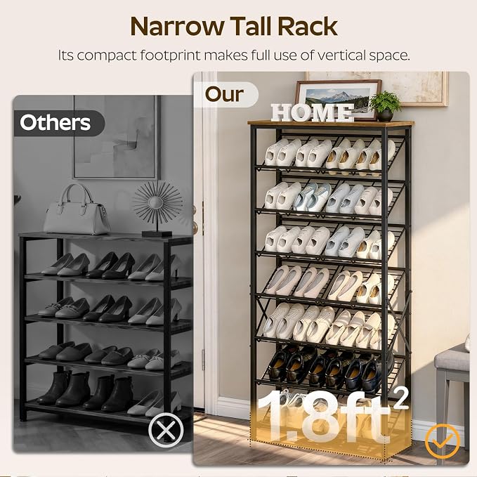 YATINEY 8-Tier Tall Shoes Rack, Slim Shoe Organizer for Entryway, Large-Capacity Thin Shoe Rack for Closet, Narrow Shoe Storage Shelf Holds 24-32 Pairs, Space Saving, Black and Rustic Brown SS26BR
