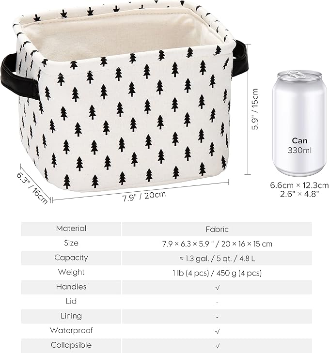 Sea Team Collapsible Small Canvas Fabric Storage Basket with Handles, Square Mini Storage Box, Cube, Foldable Shelf Basket, Closet, Desk Organizer for Nursery, Home, Office (Set of 4) (Small, Black)