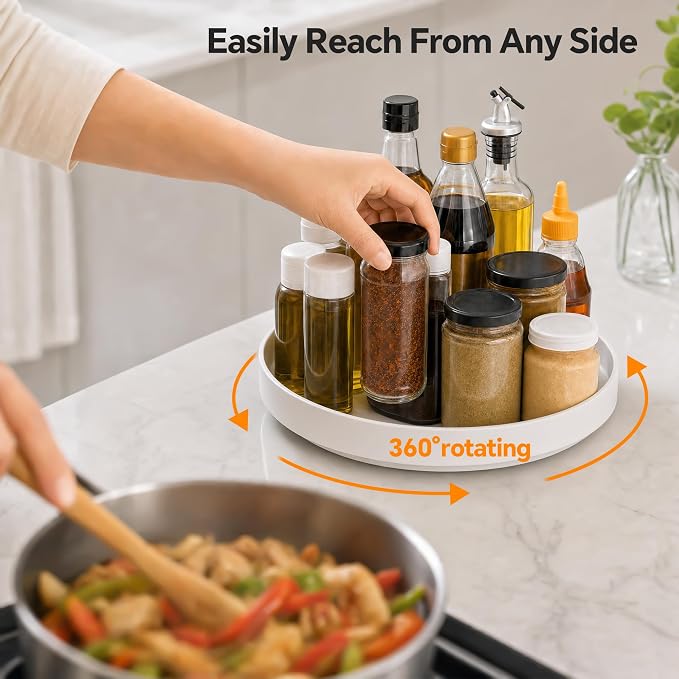 CTIME 2-Pack Lazy Susan for Refrigerator, 11.8" White Lazy Susan Spice Rack | 360° Rotating, Non-Slip Base, 2in Raised Edge, for Kitchen, Pantry & Refrigerator