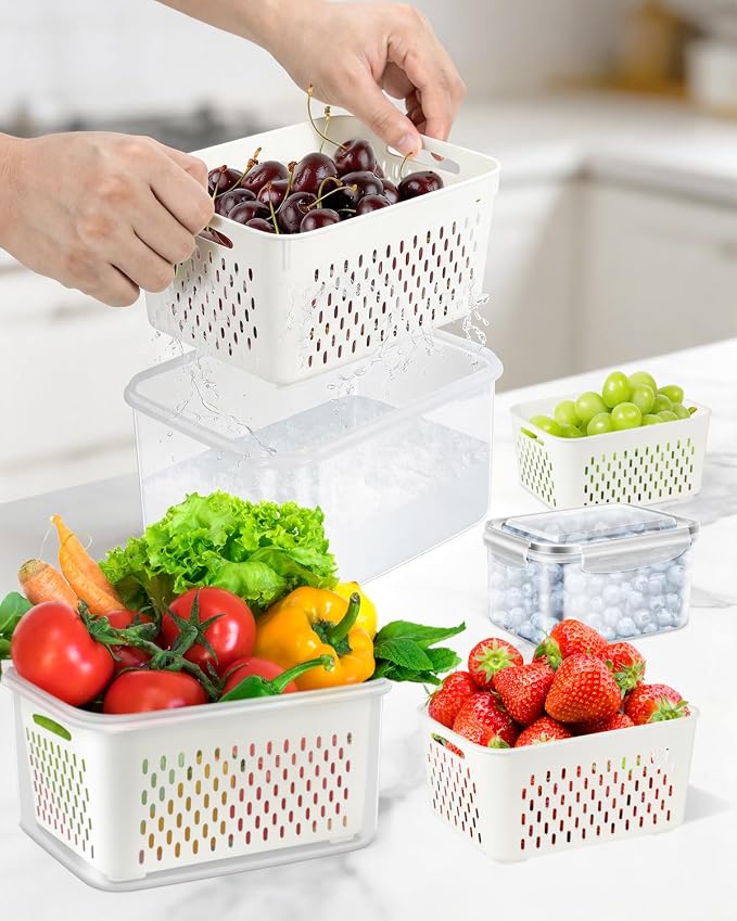 4 Pack Fruit Storage Containers for Fridge Fresh Produce Saver Berry Keeper | Airtight Food Container Set with Colander Lettuce Keep Fresh BPA Free Plastic Refrigerator Organizer Freezer Dishwasher Safe