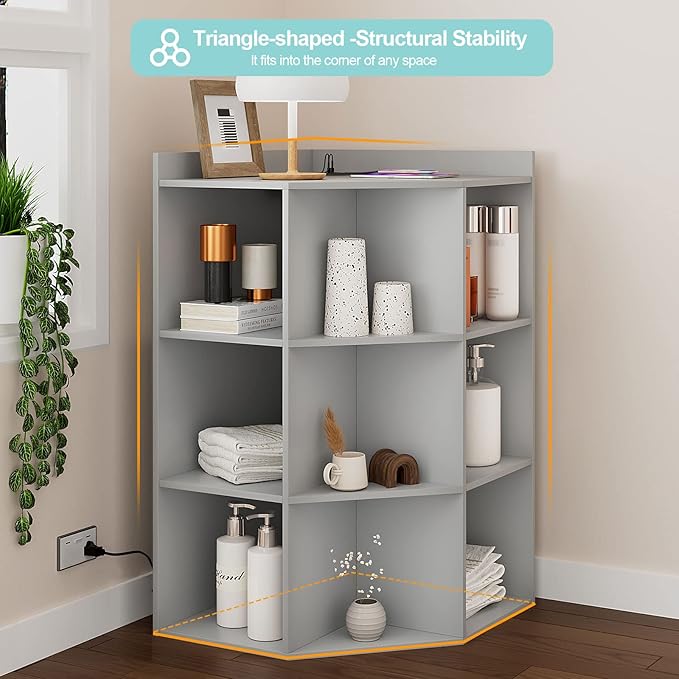 HedoAjim Corner Cabinet, Corner Storage Shelf with USB Ports and Outlets Industrial Organizer for Small Space Wooden 9-Cubby Bookshelf for Study, Playroom, Living Room (Grey)