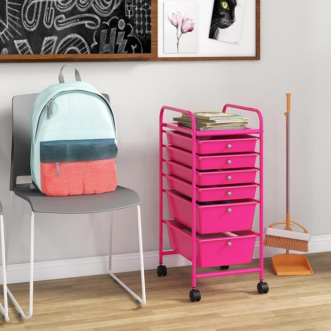 DREAMADE Rolling Cart with Storage Drawers, Utility Cart w/Removable Plastic Drawers, Lockable Wheels, Art Cart for Classroom Organization Art Supplies Office Scrapbook (6 Drawers, Hot Pink)