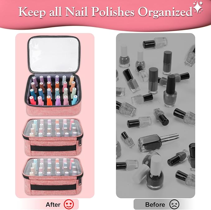 YOREPEK Nail Polish Organizer with 3 Removable Pouches for 72 Bottles, Pink | Large Nail Polish Carrying Case with 4 Zippered Pockets for Manicure Tools, Supplies, Nail Lamp, Gifts for Women