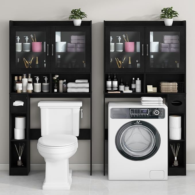 Vabches Over-The-Toilet Storage Cabinet, Farmhouse Style with 2 Acrylic Waves Doors, Space-Saving Home Storage Rack for Restroom, Bathroom and Laundry Room.Black.