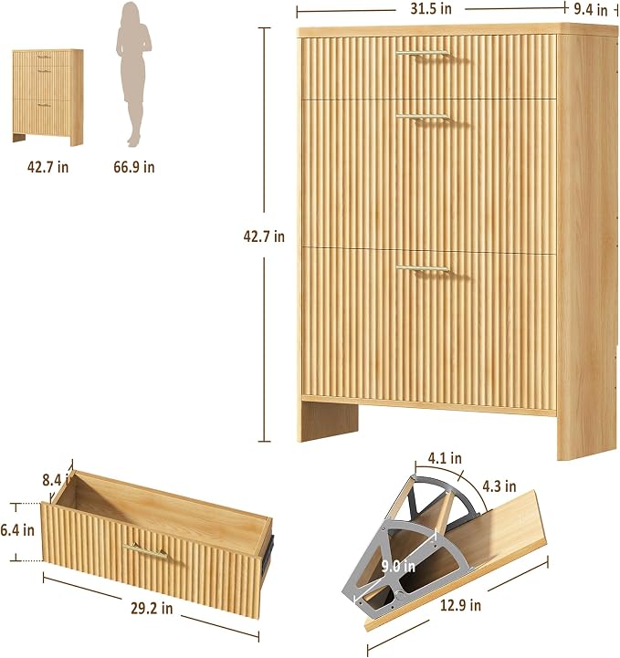 Fluted Shoe Storage Cabinet for Entryway, Narrow Wooden Shoe Cabinet with 2 Flip Drawers & Pull-Out Drawer, Modern Freestanding Slim Shoe Organizer Rack for Foyer/Hallway/Living Room, Oak