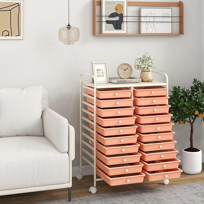 LDAILY 20-Drawer Rolling Storage Cart, Rolling Storage Cart, Storage Organizer on Wheels, Metal Frame, Scrapbook Paper Tools, Suitable for Office School, Classroom (Peach, 20 Drawer)