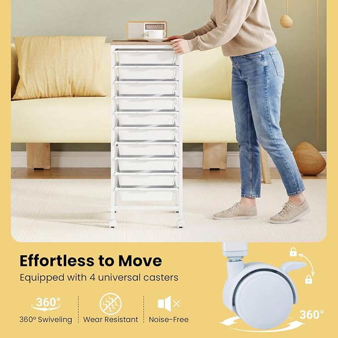 LDAILY Rolling Cart with Drawers, 10 Drawer Rolling Storage Cart with Wooden Tabletop, Metal Frame & Lockable Wheels, Craft Organizers and Storage for Home Office Classroom (White, 10-Drawer Small)