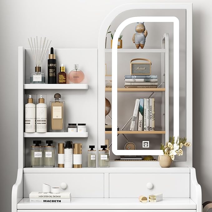 Makeup Vanity Desk with Lights,Small Vanity with Adjustable Brightness Mirror for Samll Spaces,Makeup Vanity with 3 Drawers,Storage Shelf,Bedroom Dressing Table