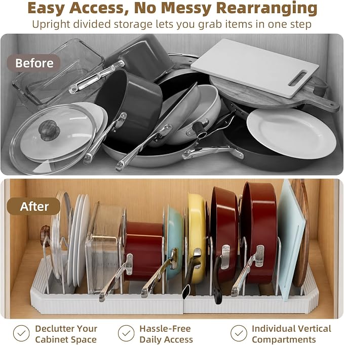 2 Pack Expandable Pot Lid Organizer, 22" Adjustable Pot and Pan Holder Under Cabinet with 10 Dividers, Inside Kitchen Cabinet Storage Rack for Baking Sheets, Cutting Boards, Cookware