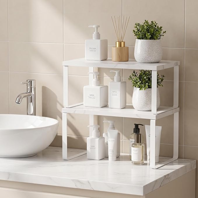 CADUKE Counter Shelf Set of 4 Kitchen Cabinet Shelf Organizer Stackable Expandable Countertop Shelf Organizer Spice Rack for Bathroom Pantry Racks,Metal and Engineered Wood, Marble White