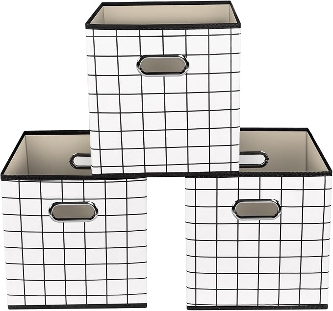Yunkeeeper storage bins Cubes, Fabric Cube Organizer with Handle, Foldable Cube Bins for Cloth or Accessary Storage, 11x11x11, Set of 3,(White grid)
