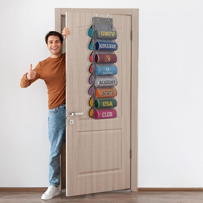 Over The Door Hoodie Organizer, Double Sided Holds 16 T-Shirts, White Hanging Storage with 2 Hooks and Rope for Door Closet Cabinet Use, Ideal for Dorm Rooms Bedroom (Gray)
