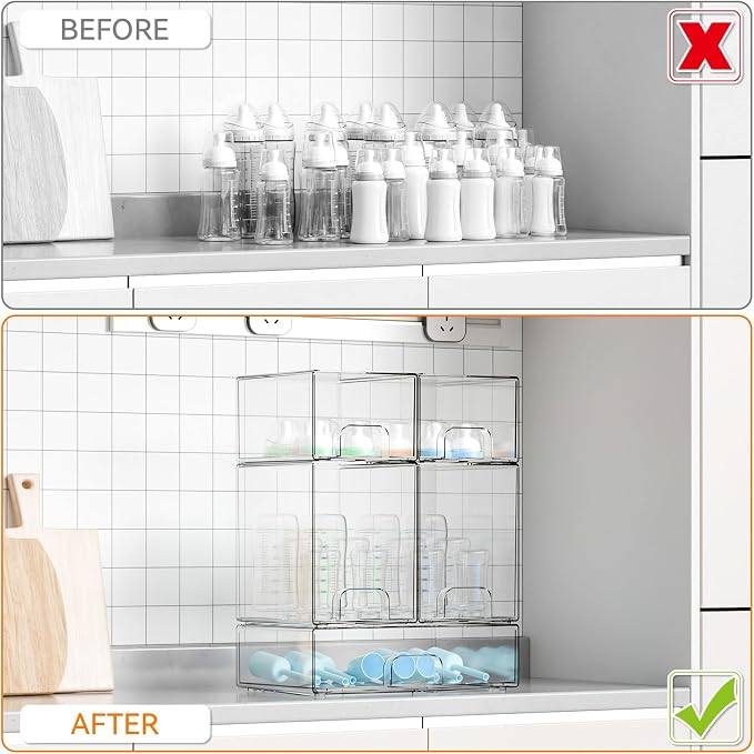Yieach 5 Set Clear Stackable Storage Drawers and Acrylic Drawer Organizer,BPA Free Baby Bottle Organizer for Countertop and Bottle Station Organizer for Breast Pump Parts,Pacifier and Baby Accessories