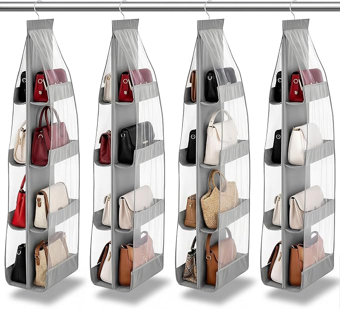 4 Pack 8 Pockets Handbag Hanging Purse Organizer for Closet, Purse Storage, Womens Purses Hanger and Handbag Organizer for Space Hanging Shelf for Closet, Wardrobe, Over Door (Grey)