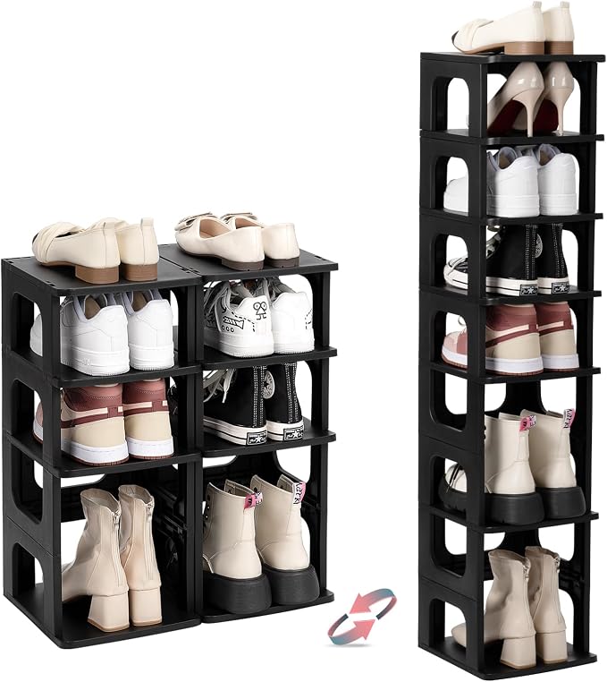 TRZZ 4-Tier Small Shoe Rack, Vertical Narrow Stackable Organizer with Removable Partition, Efficient Shoe Storage for Closet, Entryway, and Small Spaces (Black) | Removable Partition, Vertical Efficient Shoe Storage, for Closet, Entryway, Small Spaces